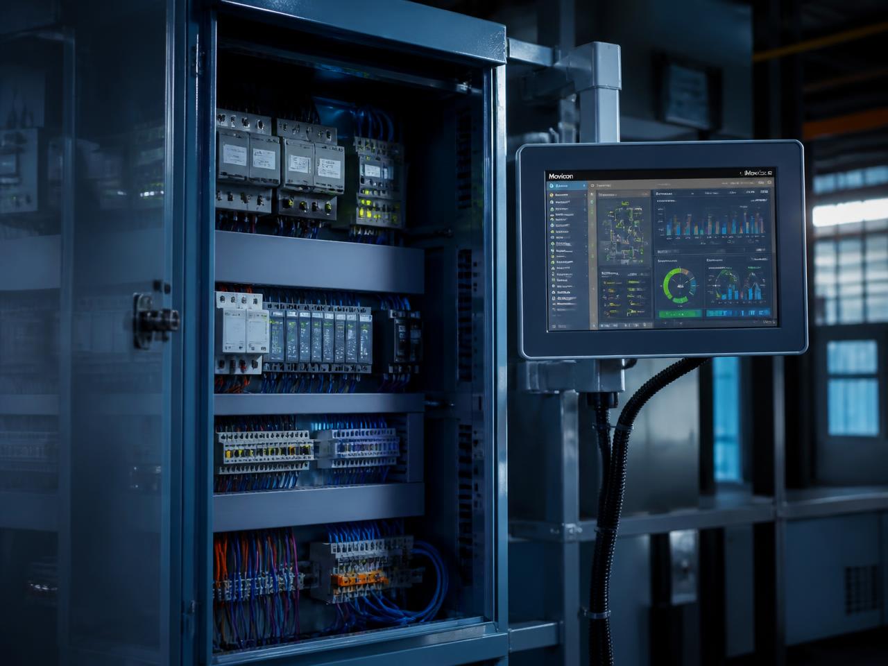 Industrial PLC cabinet with HMI interface and SCADA dashboard
