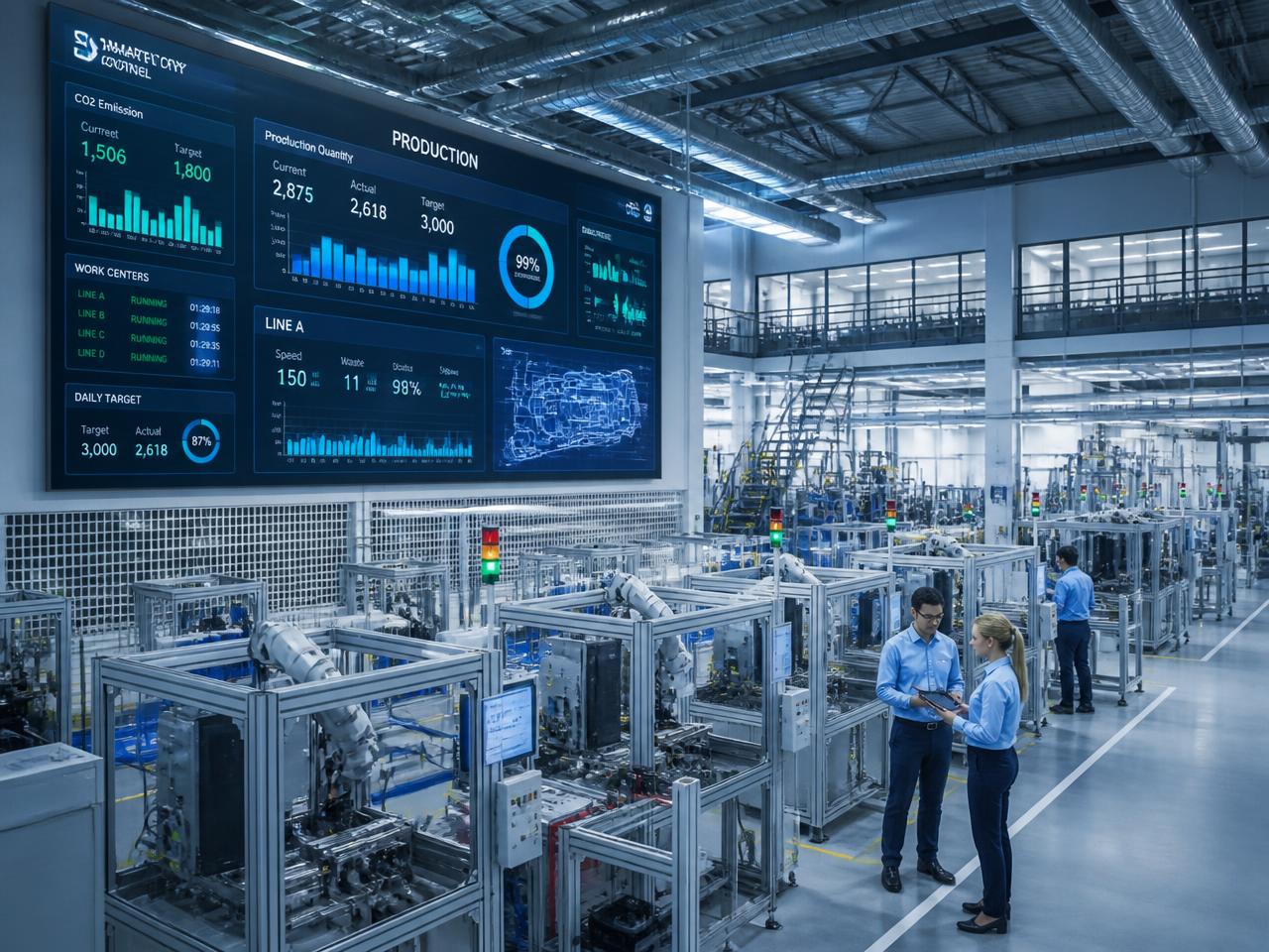 Smart manufacturing facility with digital dashboards and connected production lines