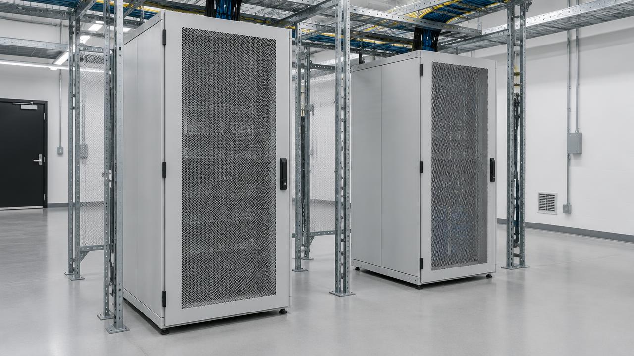 Metal equipment rack enclosures and steel support frames in a technical facility