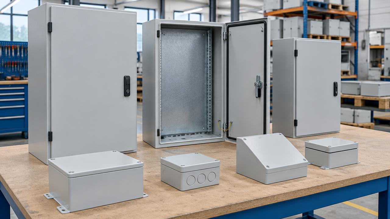 Finished control cabinets and protective metal housings in an enclosure workshop