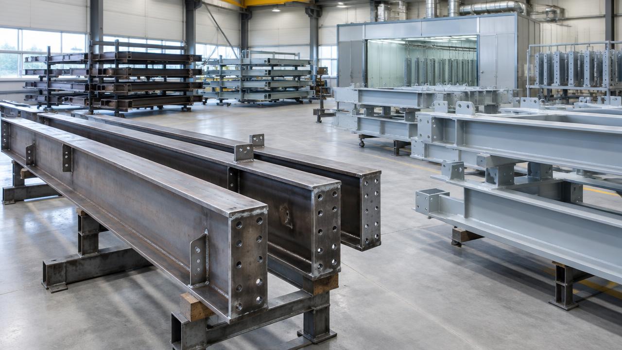 Prepared and protectively coated structural steel beams and support frames